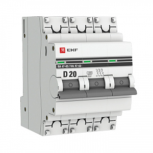 Автоматический выключатель EKF ВА 47-63 PROxima 20А 3п 4.5кА, D mcb4763-3-20D-pro