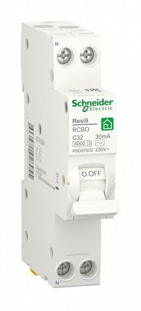 Дифференциальный автоматический выключатель Schneider Electric Resi9 1П+N 32А 30мА, тип AC, 6кА, C