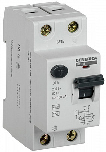 Выключатель дифференциального тока IEK ВД1-63 GENERICA 2п 50А 100мА тип AC MDV15-2-050-100