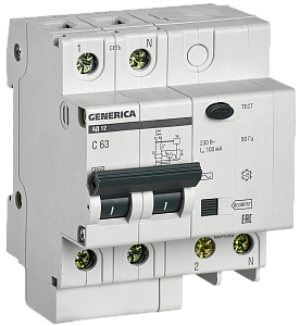 Дифференциальный автоматический выключатель IEK АД12 GENERICA 2П 63А 100мА, тип AC, 4.5кА, C MAD15-2-063-C-100