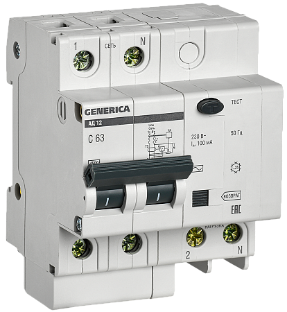 Дифференциальный автоматический выключатель IEK АД12 GENERICA 2П 63А 100мА, тип AC, 4.5кА, C