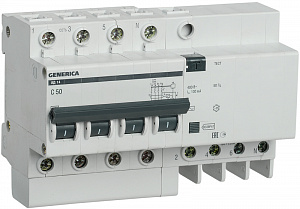 Дифференциальный автоматический выключатель IEK АД14 GENERICA 4П 50А 100мА, тип AC, 4.5кА, C MAD15-4-050-C-100