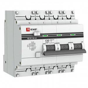 Дифференциальный автоматический выключатель EKF PROxima АД-32 4п (3P+N) C 63А 300мА тип AC 4.5кА электронный DA32-63-300-4P-pro