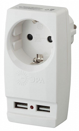 Адаптер Эра SP-1e-USB-W 1-местная с заземлением 220В 2хUSB 2100мА белый