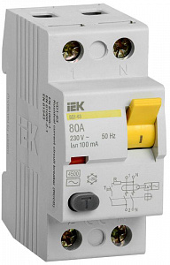 Выключатель дифференциального тока IEK ВД1-63 2п 80А 100мА тип AC MDV10-2-080-100