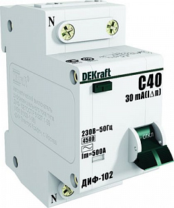 Дифференциальный автоматический выключатель DEKraft ДИФ-102 1П+N 40А 30мА, тип AC, 4.5кА, C 16007DEK