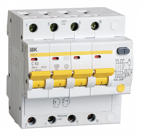 Дифференциальный автоматический выключатель IEK АД14 4П 63А 100мА, тип AC, 4.5кА, C
