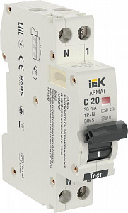 Дифференциальный автоматический выключатель IEK ARMAT B06S 2п 20А 30мА, тип A, 6кА, C AR-B06S-1N-C20A030