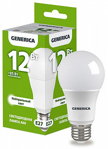 Лампа светодиодная A60 12Вт грушевидная 4000К E27 230В GENERICA LL-A60-12-230-40-E27-G