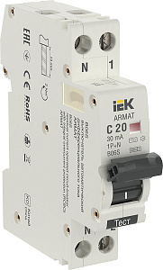 Дифференциальный автоматический выключатель IEK ARMAT B06S 1П+N 20А 30мА, тип AC, 6кА, C AR-B06S-1N-C20C030