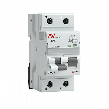 Дифференциальный автоматический выключатель EKF DVA-6 Averes 1П+N 25А 30мА, тип A, 6кА, C