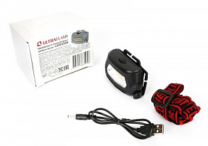 Фонарь аккумуляторный налобный LED5359 COB 3Вт 3 режима аккум. 5В пластик. черн. (бокс) Ultraflash 13803