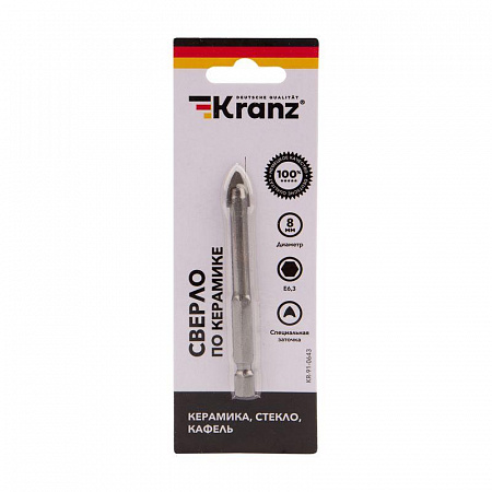 Сверло по стеклу и керамике Kranz 8мм, шестигранный хвостовик