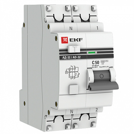 Дифференциальный автоматический выключатель EKF АД-32 PROxima 1П+N 50А 300мА, тип AC, 4.5кА, C