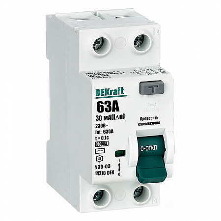 Выключатель дифференциального тока DEKraft УЗО-03 2П 63А 30мА тип AC, 6кА