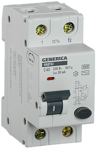 Дифференциальный автоматический выключатель IEK АВДТ32 GENERICA 1П+N 40А 30мА, тип AC, 6кА, C MAD25-5-040-C-30