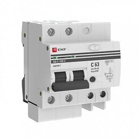 Дифференциальный автоматический выключатель EKF PROxima АД-2 2п C 63А 30мА тип AC 4.5кА