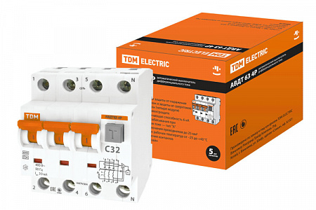 Дифференциальный автоматический выключатель TDM ELECTRIC АВДТ63 4П 32А 30мА, тип A, 6кА, C