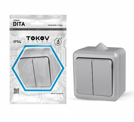 Выключатель 2-клавишный ОП Dita IP54 10А 250В сер. TOKOV ELECTRIC