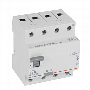 Выключатель дифференциального тока Legrand RX3 4П 63А 100мА тип AC 402068