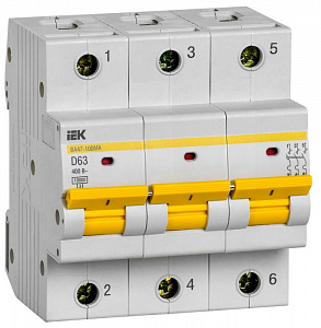 Автоматический выключатель IEK KARAT ВА47-100МА 63А 3п D, 10 кА, без теплозащиты MVA43-3-063-D
