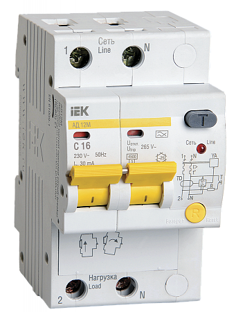 Дифференциальный автоматический выключатель IEK АД12М 2П 16А 30мА, тип A, 4.5кА, C