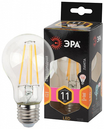 Лампа светодиодная филаментная F-LED A60-11W-827-E27 11Вт A60 грушевидная 2700К тепл. бел. E27 Эра
