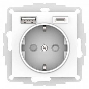 Розетка с USB+USB type C Systeme Electric AtlasDesign, скрытый монтаж, с заземлением, со шторками, белый ATN000132