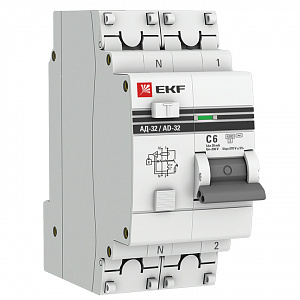 Дифференциальный автоматический выключатель EKF АД-32 PROxima 1П+N 6А 30мА, тип AC, 4.5кА, C DA32-06-30-pro
