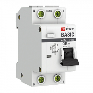 Дифференциальный автоматический выключатель EKF АД-12 Basic 1П+N 63А 30мА, тип AC, 4.5кА, C DA12-63-30-bas